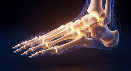 Detailed 3D render of human foot bones with glowing joints and an orange energy aura against dark.の素材