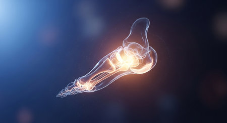 Luminous 3D render of a human foot skeleton with glowing joints and surrounding light particles on a dark...の素材