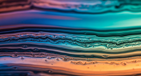 Close-up of layered liquid with wavy textures in a gradient of teal, orange, and blue, featuring small bubbles and a glossy sheen.の素材