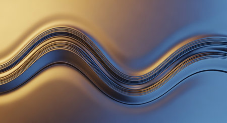 An abstract background with a metallic wave form featuring a reflective surface in gold and blue tones, showcasing smooth curves and polished textures.の素材