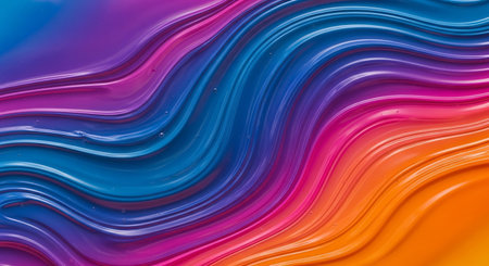 Waves showing smooth flowing waves of vibrant liquid paint in a gradient of blue, purple, pink, and orange, creating an abstract textured...の素材