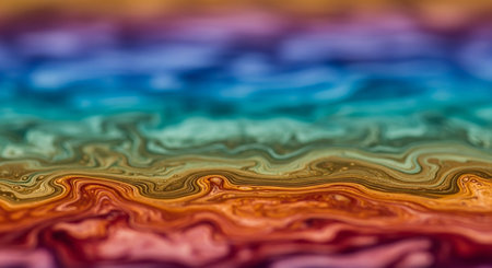 A close-up abstract view of swirling marbling patterns in rainbow colors with a soft focus effect creating a fluid and organic texture.の素材