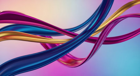 Smooth metallic ribbons in shades of blue pink and gold twist and flow against a gentle color gradient background creating a sense of fluid motion...の素材