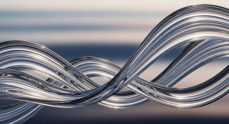 A twisted metallic ribbon forming a fluid, wavy shape with prominent reflections and highlights against a softly blurred background, showcasing a...の素材