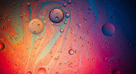 A vibrant abstract macro view of oil and water droplets creating colorful swirling patterns in red, orange, yellow, pink, purple, and blue hues.の素材