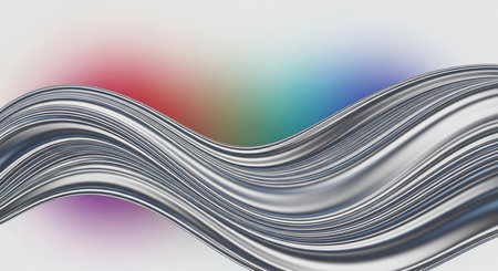 (1264) showing silver metallic wave formed by thin ribbons against a softly blurred rainbow gradient background. resolutionの素材