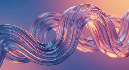 Blue showing twisted transparent glass tube with iridescent purple blue and orange reflections and soft lighting. resolutionの素材