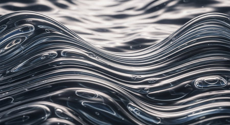 Bubbles showing close up of swirling metallic liquid with small air bubbles and reflections creating wavy patterns and textures. resolution...の素材