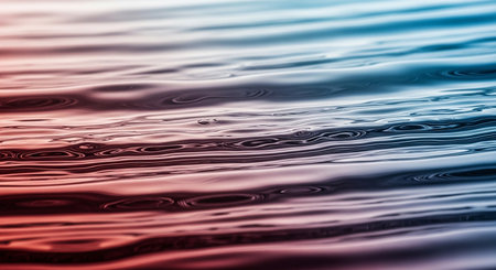 Blue showing close-up macro view of rippling water surface with red and blue toned lighting reflections. resolutionの素材