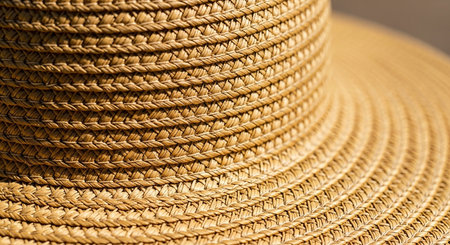 A detailed close-up showcases the woven straw texture on the crown and brim of a hat.の素材