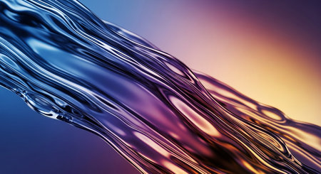 Blue showing dynamic flowing liquid metal abstract with deep blue purple and golden orange reflections. resolutionの素材