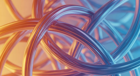 Orange showing intertwined metallic tubes with warm orange and cool blue gradient lighting abstract background. resolutionの素材