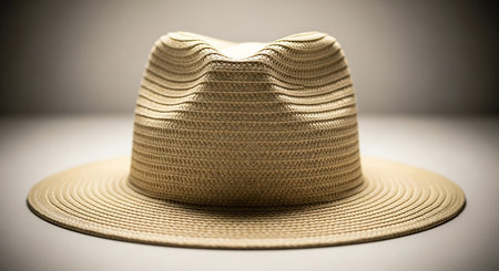 A light beige woven fedora hat with an indented crown and wide brim is shown against a gradient background.の素材