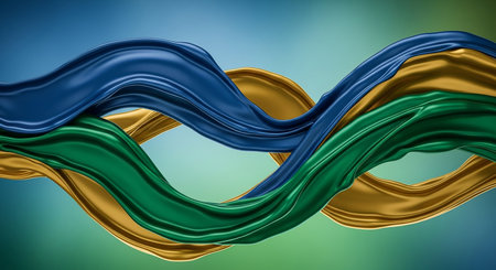Three smooth, flowing ribbons in deep blue, metallic gold, and emerald green are intricately intertwined against a soft, subtle gradient background.の素材