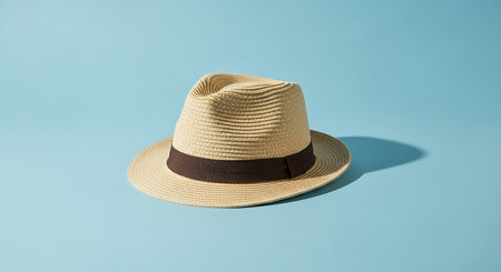 A light brown fedora hat with a dark brown band sits on a light blue background. Clear details and vibrant col...の素材
