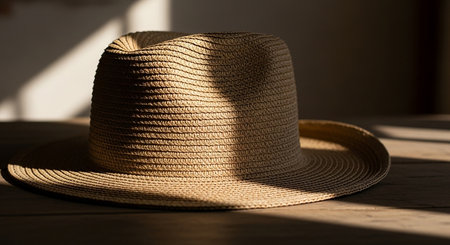 A woven straw fedora hat sits on a wooden surface with dramatic shadows cast by sunlight.の素材