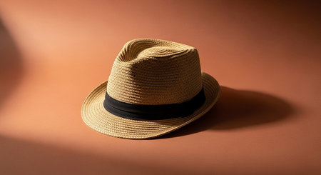 A straw fedora hat with a black band sits on a warm brown surface with soft shadows.の素材