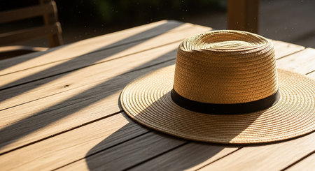Straw showing straw fedora hat on a wooden table with sunlight and shadows. High resolution image suitable...の素材