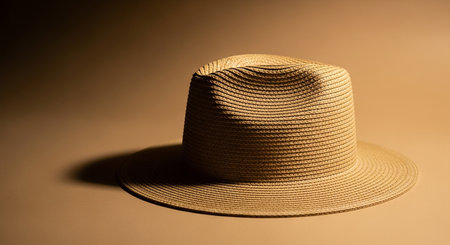 A woven straw fedora hat with a wide brim casting a shadow on a plain beige background.の素材