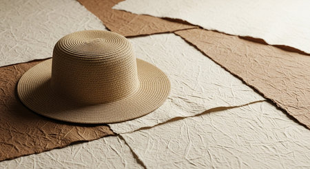 A light brown woven straw fedora hat sits on a surface of layered textured paper in shades of beige and brown.の素材