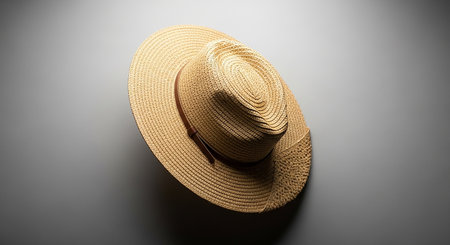 A straw sun hat with a brown ribbon band is viewed from directly above on a plain grey background.の素材