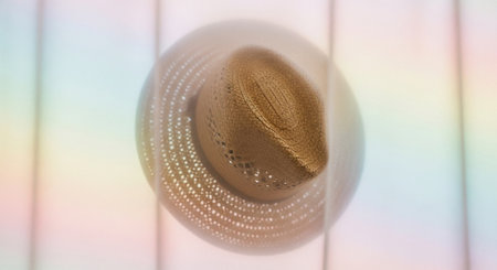 Soft focus straw hat with pastel rainbow light streaks in a bright room Clear details and vibrant colors enhan...の素材
