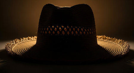 A straw fedora hat with a woven band and fringed brim is dramatically lit from behind.の素材