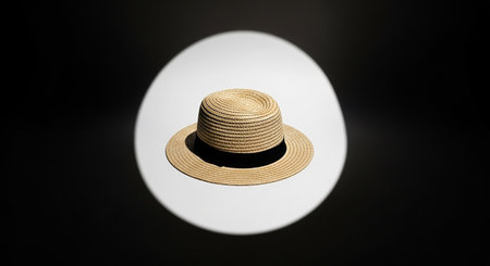 A light brown woven fedora hat is dramatically illuminated by a spotlight on a dark background.の素材