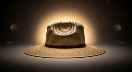 A woven straw fedora hat with a dark band is lit by a spotlight against a dark background.の素材