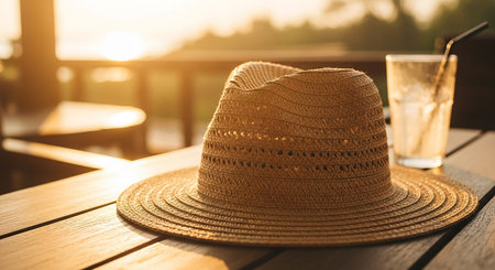 A straw fedora hat rests on a wooden table near a glass of iced drink during a warm sunset.の素材