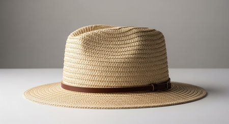 A light brown woven straw fedora hat with a dark brown leather band is placed on a white surface.の素材