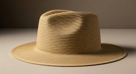 A woven straw fedora hat with a creased crown and wide brim sits on a neutral surface.の素材