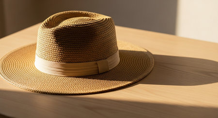 A straw fedora hat with a light beige band rests on a wooden surface bathed in sunlight.の素材