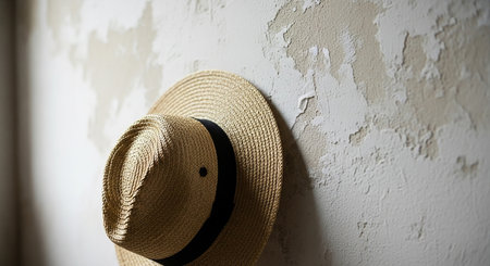 A straw sun hat with a black ribbon hangs against a textured wall with peeling paint.の素材