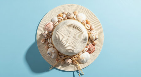 A straw sun hat adorned with diverse seashells sits on a bright blue surface casting a shadow.の素材