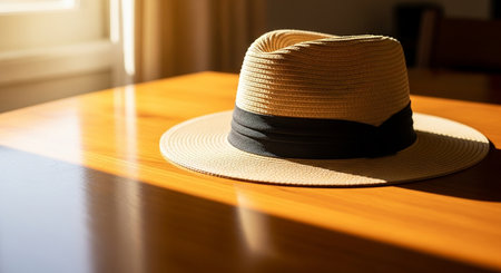 Straw fedora hat with black ribbon on a wooden table bathed in sunlight casting shadowsの素材