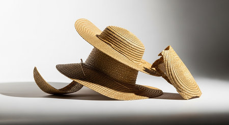 Three straw hats of varying styles and sizes are artfully arranged on a white background.の素材