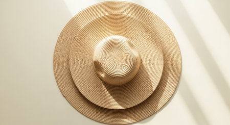 A large straw hat is viewed from directly above, casting shadows from sunlight on a light surface.の素材