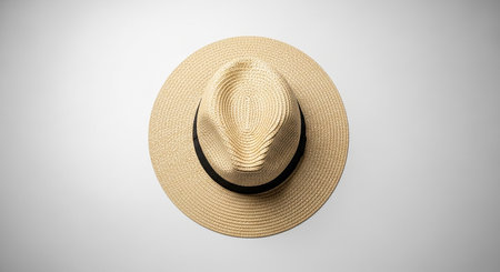 A top-down view of a light brown woven straw fedora hat with a black band on a neutral background.の素材