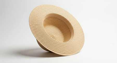 An upside down straw hat revealing its inner lining, tilted on a white background with a shadow.の素材