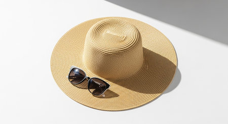 Casual showing straw sun hat and sunglasses casting shadows on a white surface keywords: hat, straw,...の素材