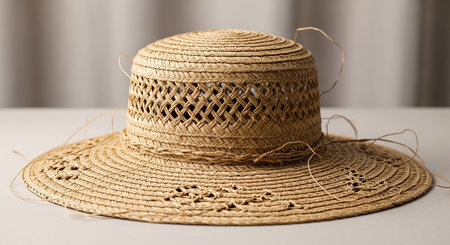 A woven straw sun hat features a decorative lattice on the crown and loose strands.の素材