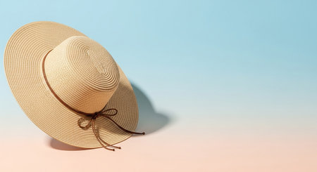 A wide-brimmed straw hat with a bow sits on a pastel pink and blue gradient background.の素材