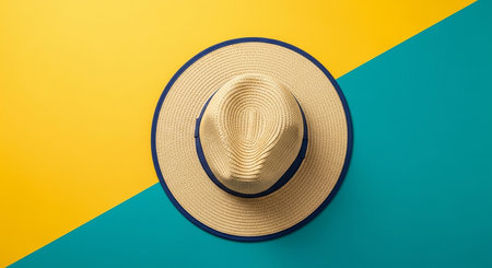 A straw hat is viewed from above, centered on a background split diagonally between yellow and teal.の素材