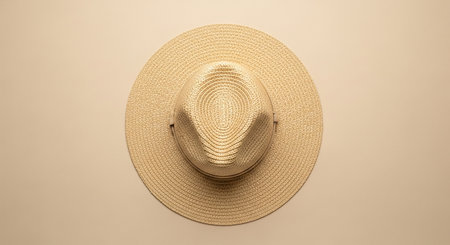 A light colored straw fedora hat is shown from directly above on a plain neutral beige backgroundの素材