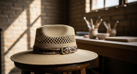 A woven straw hat with a decorative band and buckle sits on a wooden stool in a rustic indoor setting.の素材
