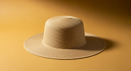 A wide-brimmed straw hat is displayed against a solid, warm yellow studio background.の素材
