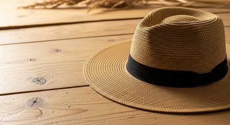 A woven straw fedora hat with a black band rests on a rustic wooden plank surface with dried grass in backgroundの素材