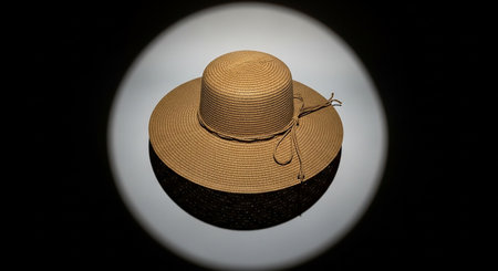 A light brown woven straw hat with a wide brim and a tied ribbon is dramatically lit by a spotlight.の素材