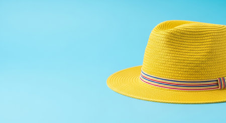 A bright yellow straw fedora hat with a red, white, and blue striped ribbon sits on a solid blue background.の素材